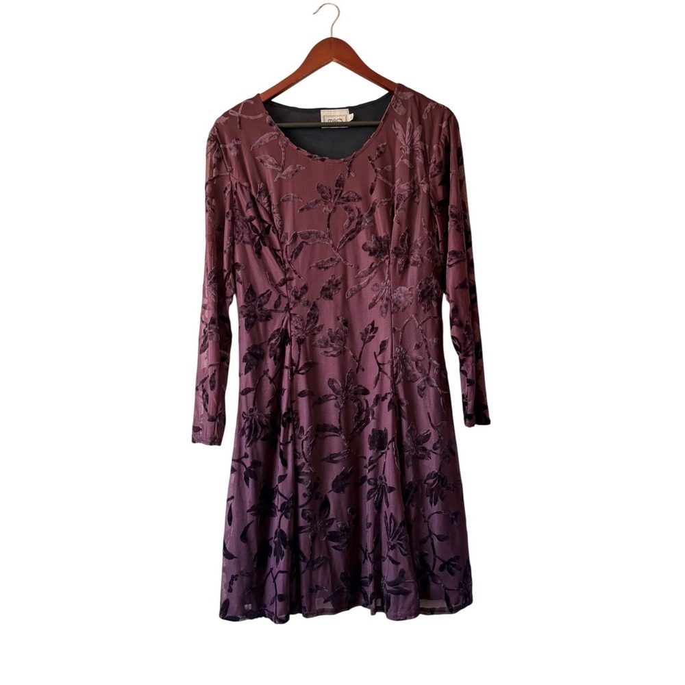 Mac's USA Plum Purple Burnout Velvet Floral Long Sleeve Dress medium Vintage